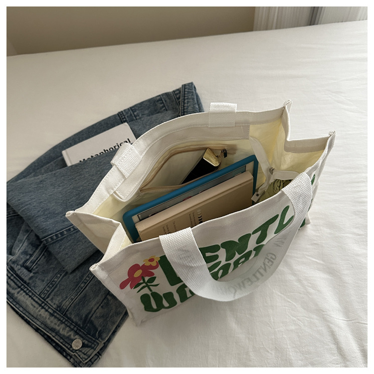 Large-capacity letter canvas bag 2025 new style ins printed versatile shoulder bag for commuting and portable ladies' tote bag undefined