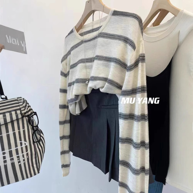 Lazy Relaxation Wide Stripe Long-sleeved Fine Wool Knitted Sweater Pullover Slimming Top Women's Spring and Summer