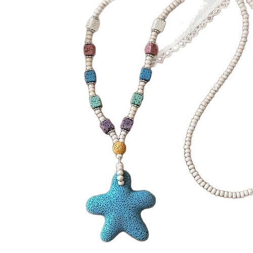 Dopamine Colorful Bead Volcanic Stone Heart Necklace for Women, Unique Design Starfish Lockchain, Seaside Long Pendant Accessory