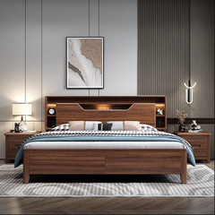 Walnut Chinese solid wood storage double bed for master bedroom, 1.8 meters high box, simple modern light luxury wedding bed