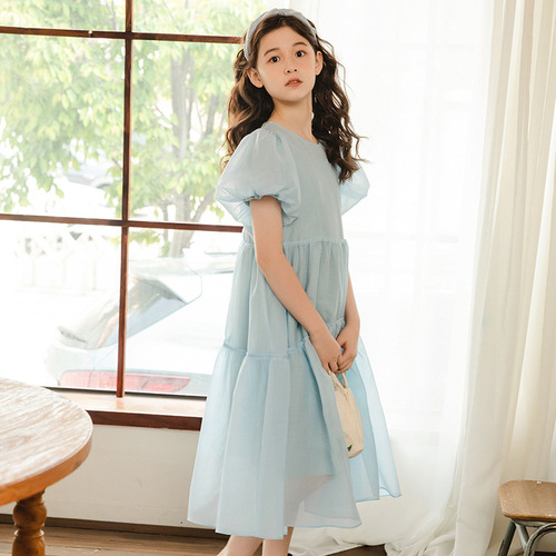Summer French Puff Sleeve Dress for Girls  Korean Version New Middle and Big Kids Children Fashion Princess Dress