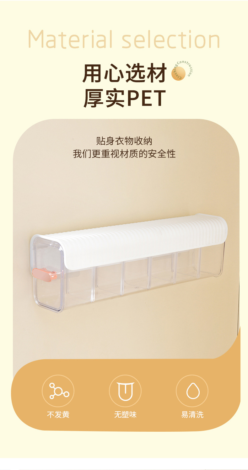 Wall-mounted compartmentalized underwear storage box, traceless storage, household wardrobe organizer, transparent drawer-style underwear and socks storage container