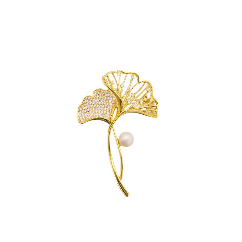 Natural de agua dulce perla broche todo fósforo ginkgo hoja temperamento accesorios ramillete 18K oro real galvanoplastia color de la joyería de retención para las mujeres