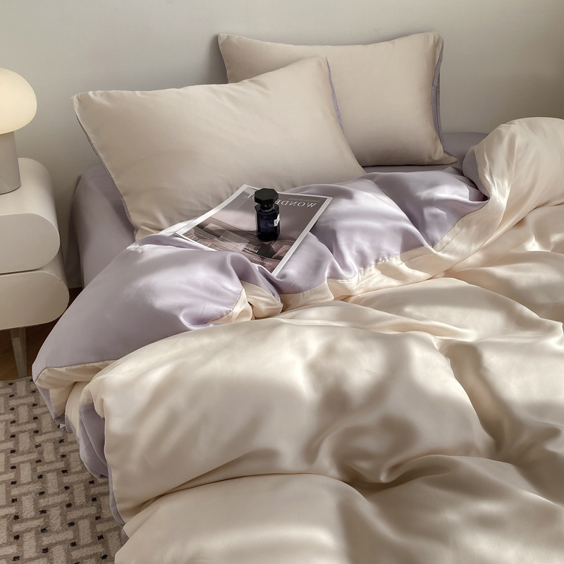 Solid Color Ice Silk Four-Piece Set, Cool-Feeling Bed Sheet, Single-Piece Duvet Cover, Summer Dormitory Three-Piece Set, Summer Bedding