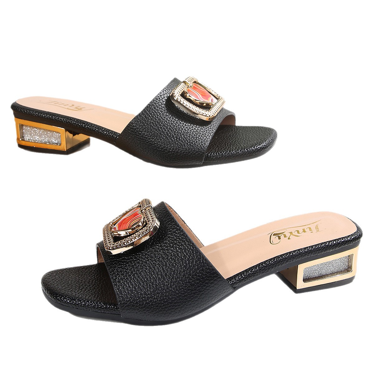 Sandalias de Tacón Ancho con Puntera Cuadrada de Cuero Sintético para Verano y Uso Diario