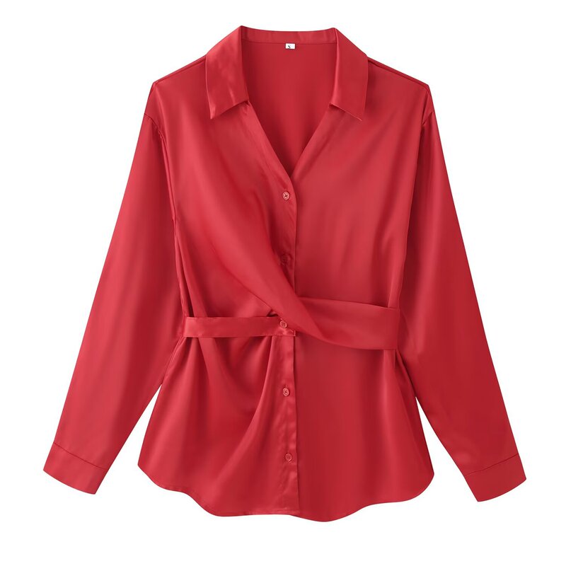 Myst&Za Summer New Cross-Border Women's Fashion Casual Versatile Solid Color Satin Texture Lapel Long-Sleeve Shirt