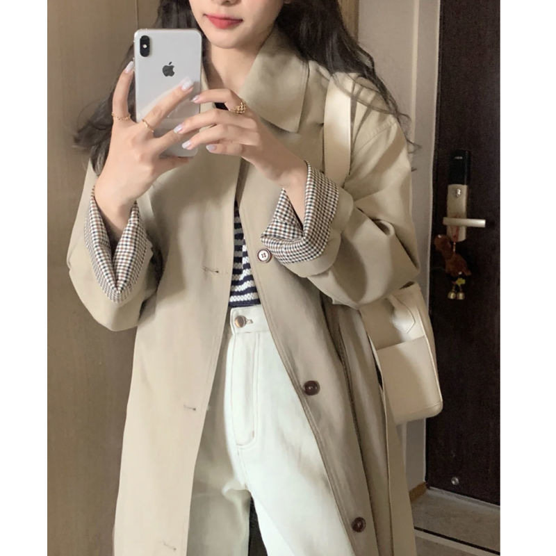 Áo khoác trench coat nữ dáng trung bình cổ vuông tay dài phong cách thanh lịch — Kaki, màu đen