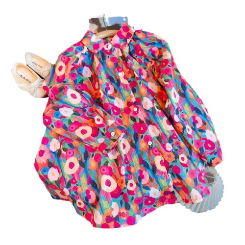 Children's Spring and Autumn New Style Dress Shirt Dress with Full-Page Oil Painting Style Print Dress