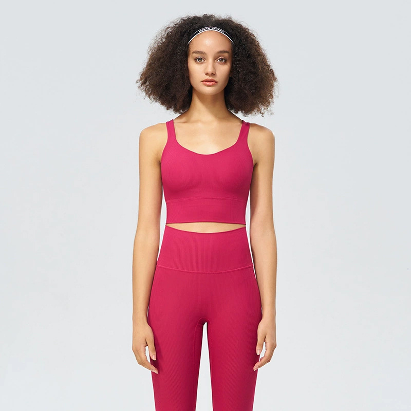 Ropa interior deportiva acanalada, taza fija para mujer, espalda hermosa cruzada de alta elasticidad, sujetador de yoga a prueba de golpes, chaleco de secado rápido de fitness
