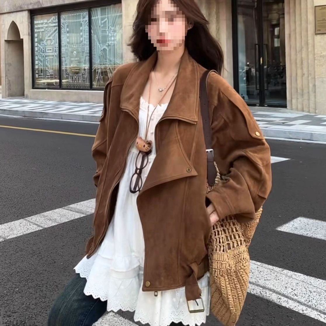 Maillard Retro Brown Suede Motorcycle Jacket Women's 2025 Autum New Workwear Leather Jacket Top Jacket