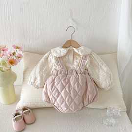 婴儿套装冬季加绒夹棉背带裤三角包屁裤哈衣娃娃领上衣可爱两件套