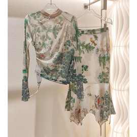 新中式小个子显高套装高级感国风盘扣绿色碎花上衣半身裙两件套夏