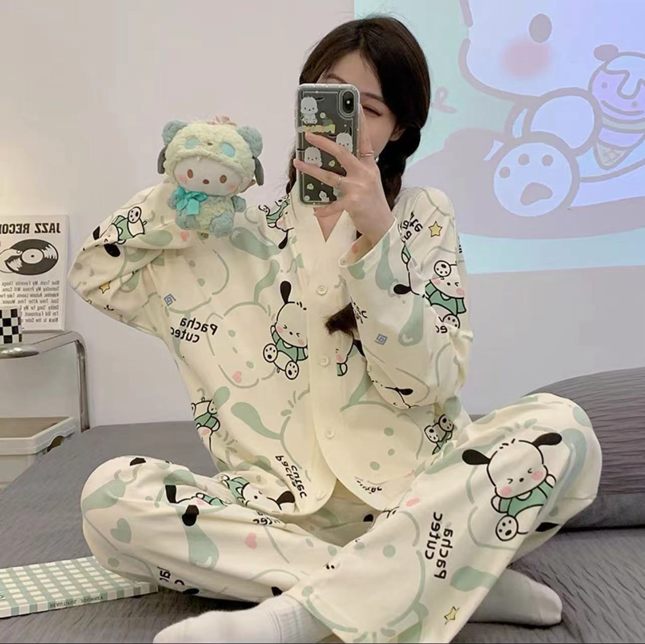 2025 pijama de perro de jade Gui primavera y otoño para mujeres manga larga dibujos animados adorables estudiantes adolescentes gran tamaño gordo mm ropa de hogar