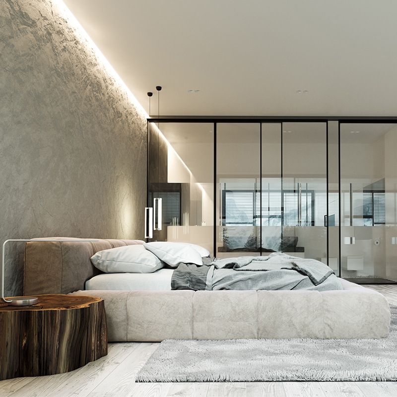Cama doble con respaldo de tatami, estilo minimalista italiano, cama de terciopelo tecnológico para dormitorio, cama de matrimonio personalizada de madera maciza image 5