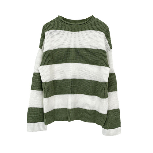Autumn/Winter Retro Color Block Striped Sweater Loose Round Neck Lazy Style Knit Top