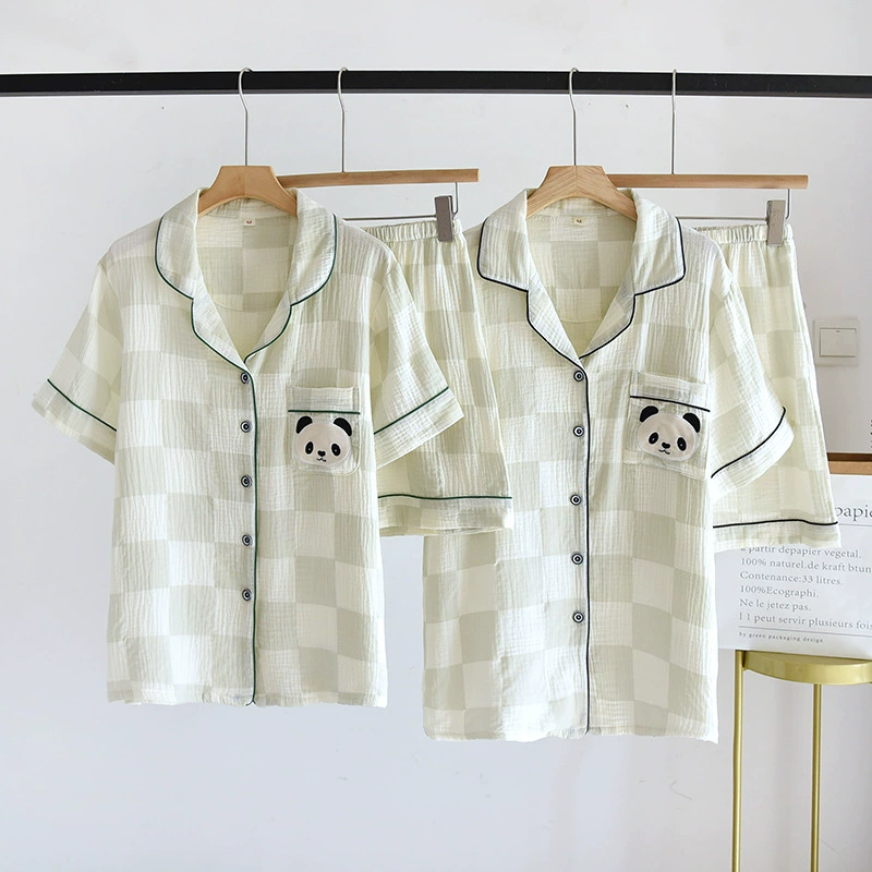 Парные летние хлопковые шорты с короткими рукавами, домашняя одежда, тонкие пижамы, костюм, женский хлопковый клетчатый кардиган, мужской свободный