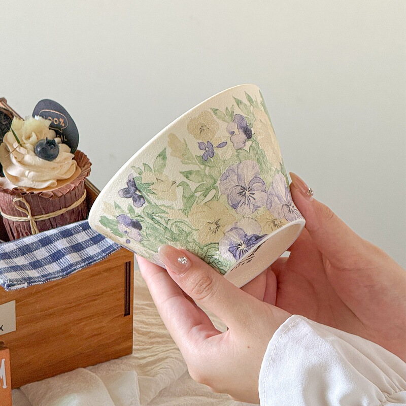 High-End Household Rice Bowl with a Song-Style Aesthetic, Delicate and Elegant Dessert Bowl, Pansy Light Purple Conical Bowl High-End Household Rice Bowl with a Song-Style Aesthetic, Delicate and Elegant Dessert Bowl, Pansy Light Purple Conical Bowl