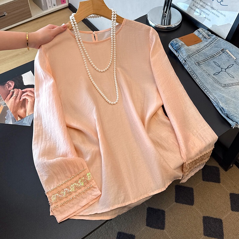 2026 New Style Warm Pink Chinese Style Round Neck Shirt with Heavy Bead Embroidery on the Cuffs, Glossy Tencel Top, Women's Sun Protection Shirt 2026 New Style Warm Pink Chinese Style Round Neck Shirt with Heavy Bead Embroidery on the Cuffs, Glossy Tencel Top, Women's Sun Protection Shirt