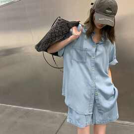 天丝仿牛仔套装短袖衬衣仿牛仔阔腿短裤两件套女2026夏季韩版宽松