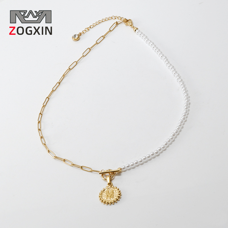 Titanium Fashion OT Buckle Pearl Jewelry Stainless Steel English Letter Pendant Necklace For Women_voghion.com