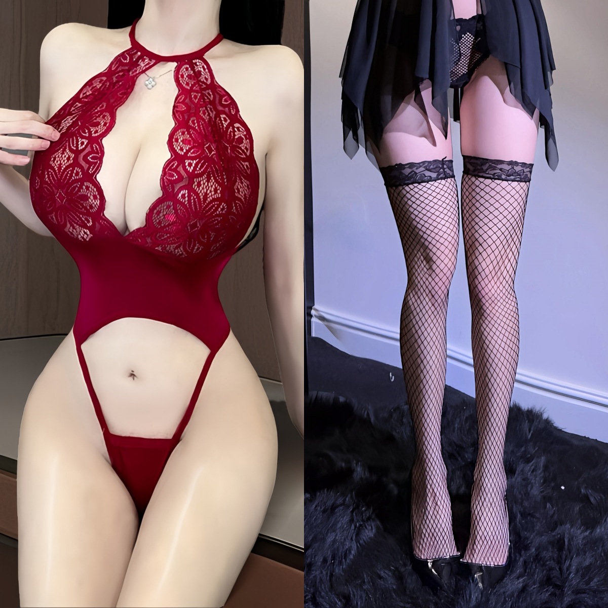 레드 + 블랙 망사 스타킹