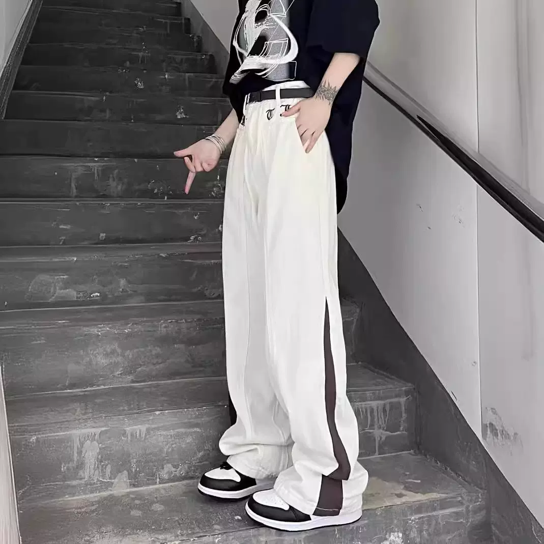 W3美式高街简约vibe风牛仔裤男女复古直筒阔腿裤潮牌ins嘻哈长裤