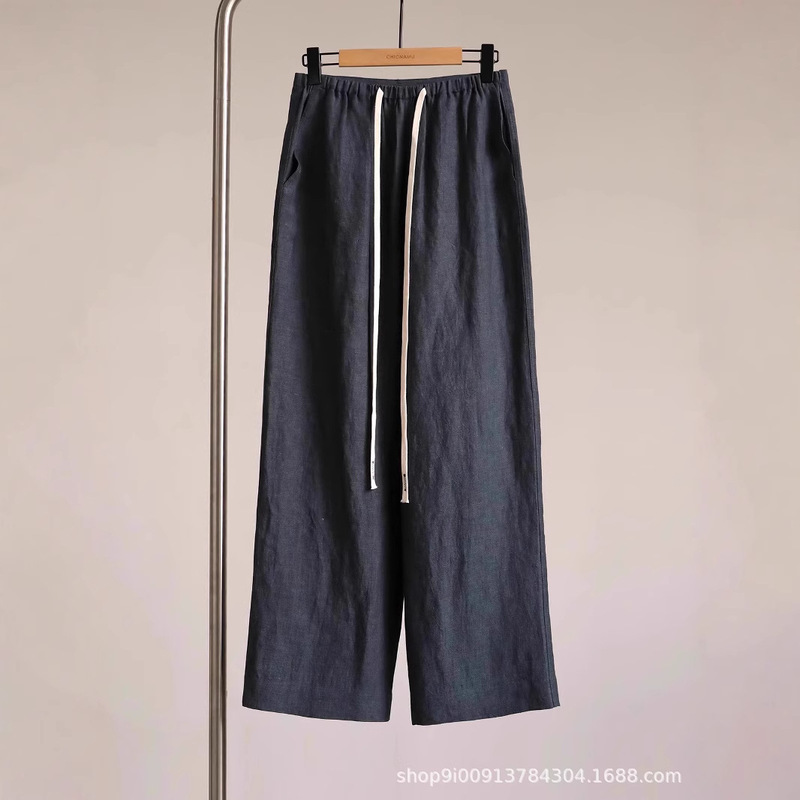Year after Year, 100% Linen Dyed Dark Blue Simple Drawstring Wide-Leg Casual Pants