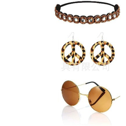 Accesorios de vestir hippies de la década de 1960, diadema de girasol, gafas redondas, conjunto de aretes de collar de talismán de paz