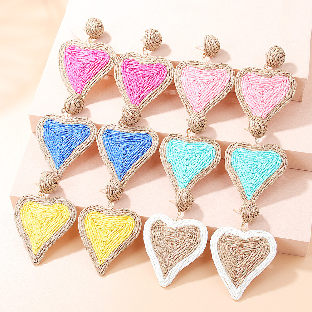 1 Pair Basic Retro Heart Shape Raffia Drop Earrings display picture 3