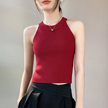 歌倍尚吊带背心女工字内搭无袖上衣短款安哥拉红挂脖针织打底衫女