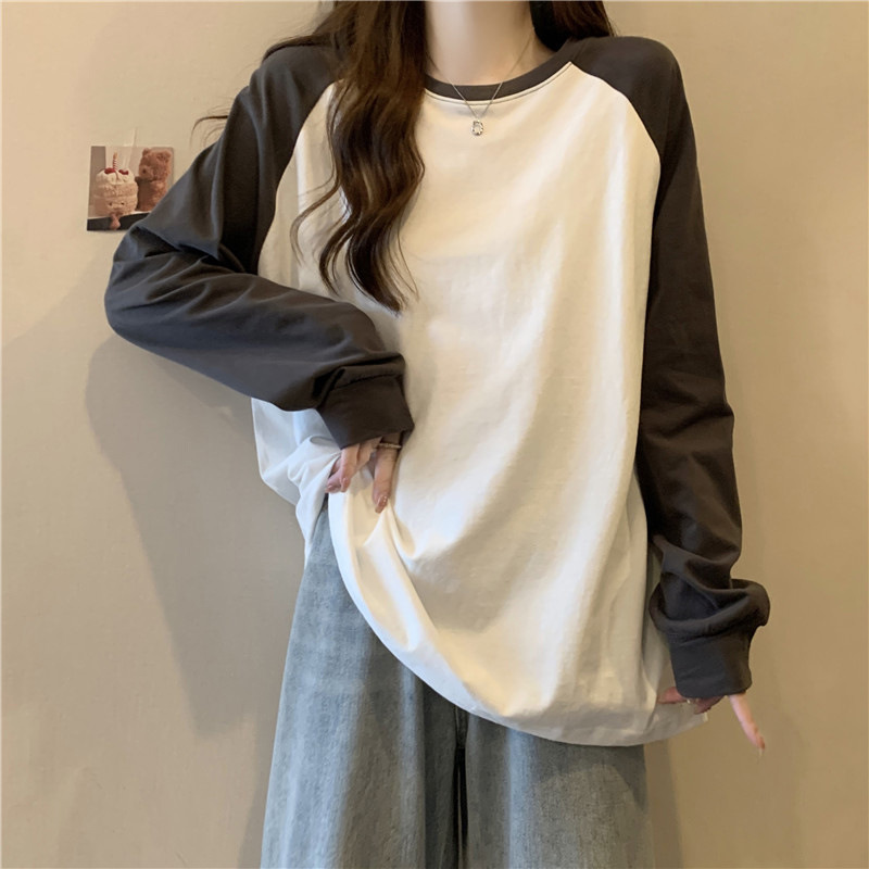 Foreign Trade Real Shot Raglan Long-Sleeved T-Shirt for Women Spring and Autum New Large Size Loose Mid-Length Stitching Contrasting Color Cotton Top