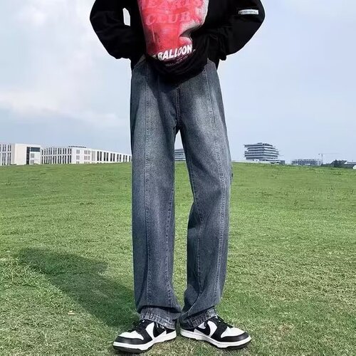 American-style hiphop pants: Winter trendy high-street black and gray denim trousers for men—loose-fit, straight-leg, and featuring a relaxed, flowing wide-leg design.