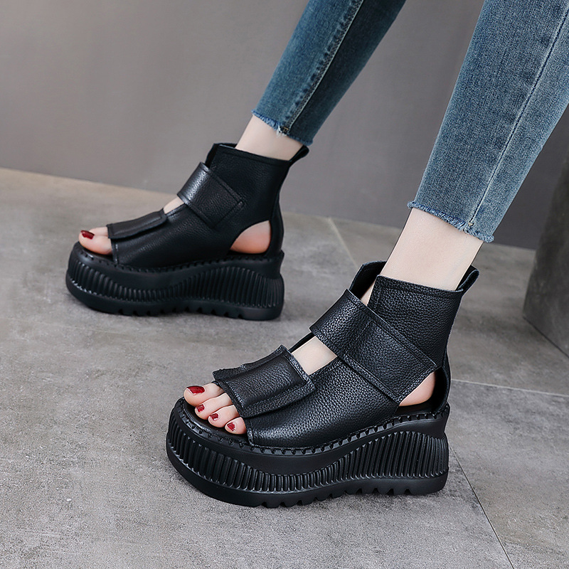 Sandal hở mũi nữ da bò thật kiểu La Mã, gót thấp tôn dáng — màu nâu
