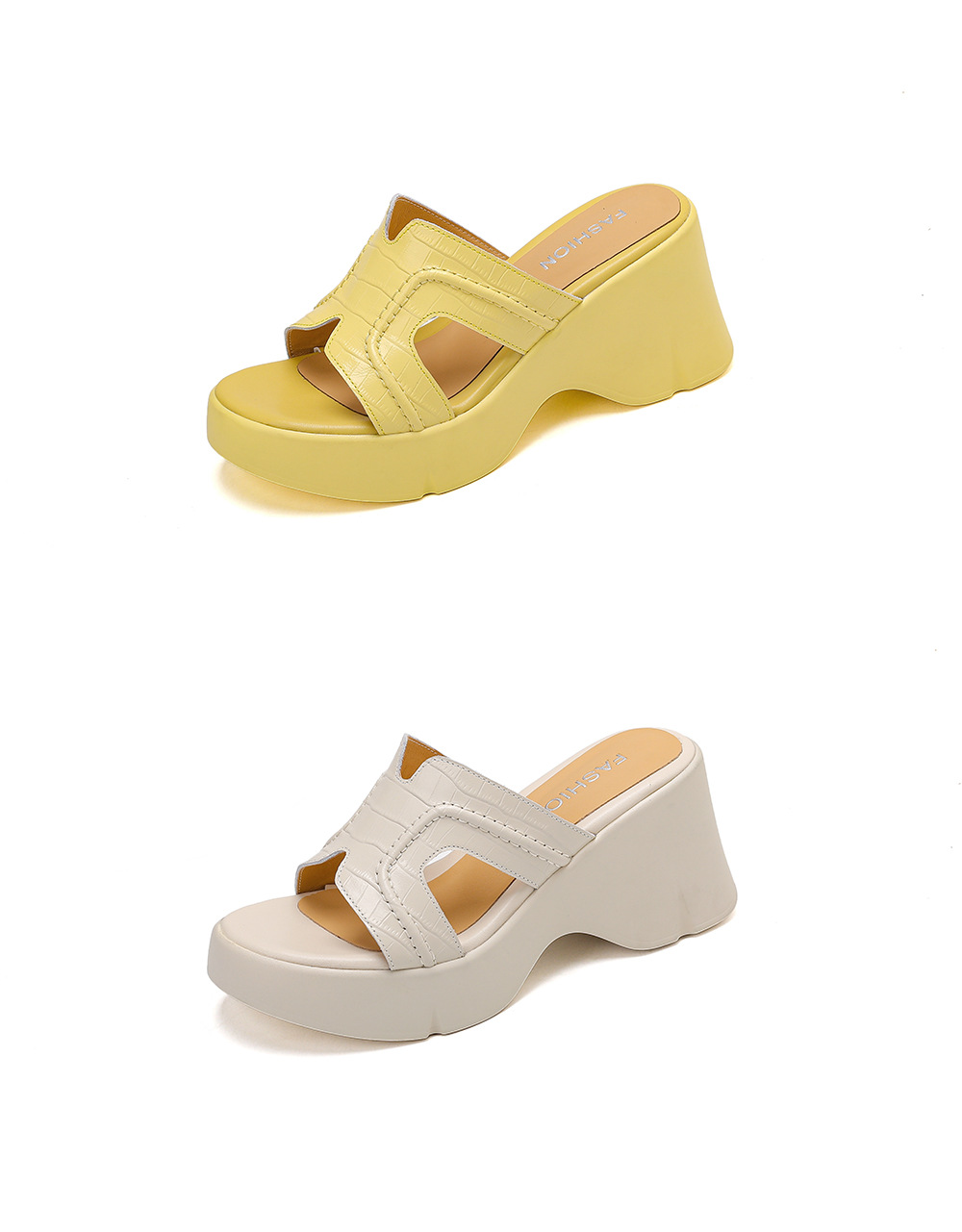 Dép sandal nữ quai chữ V đế xuồng cao 8 cm, mũi hở, đế dày êm chân — Trắng kem-, màu vàng chi tiết 23