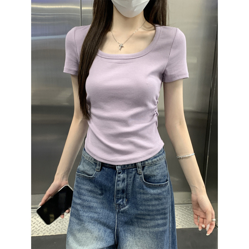 Taro Purple Square Collar Exposed Collarbone Right Shoulder Short-Sleeved T-Shirt Women's Summer Slim Pleated Waist Short Top