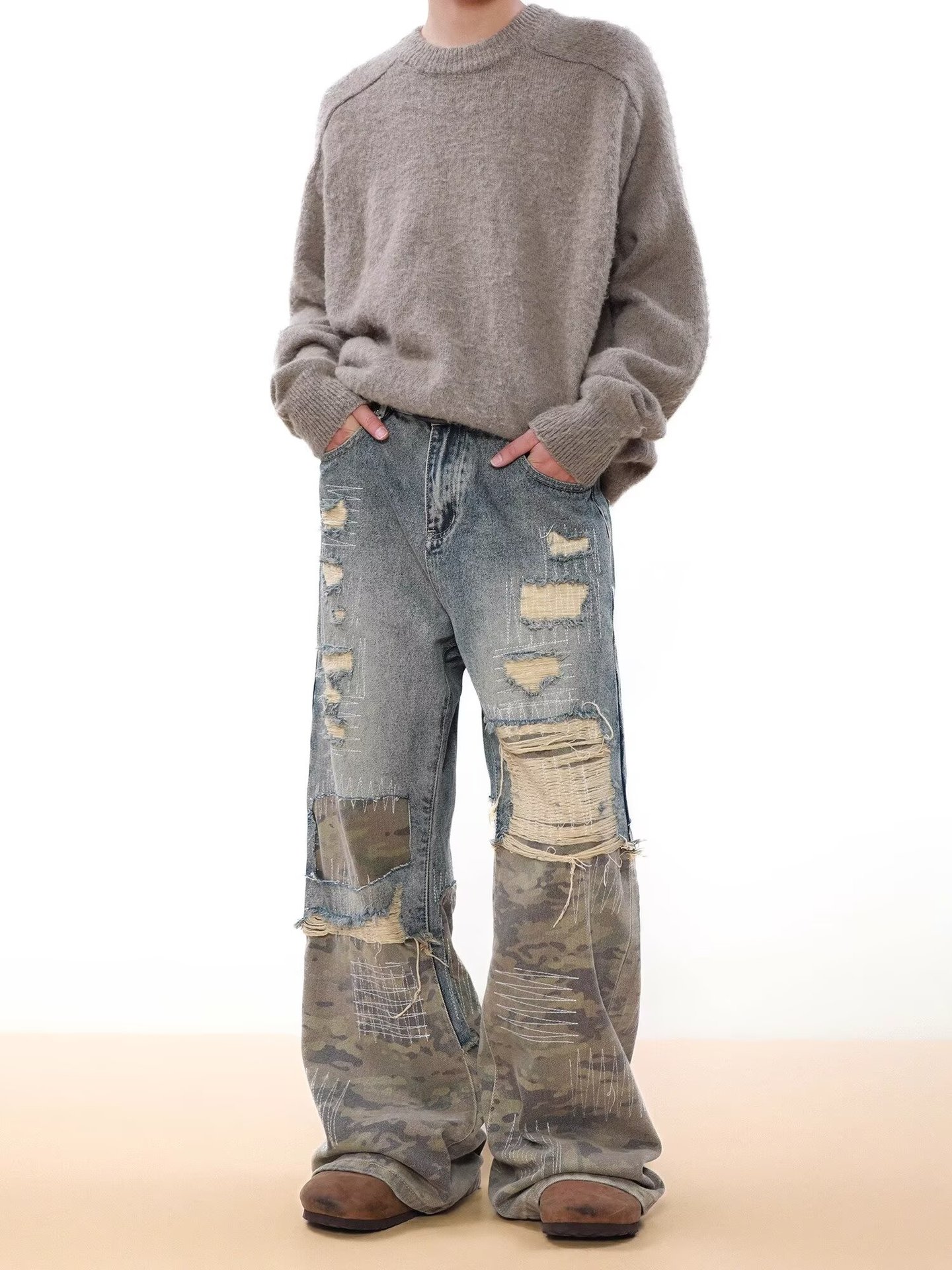 Jeans uomo vintage denim distressed patchwork camouflage blu_voghion.com