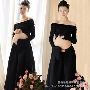 Photo Studio New Maternity Photo Clothing Indoor Simple Style Advanced Sense Pregnant Mother's Belly Photo Black dress Photo at Home