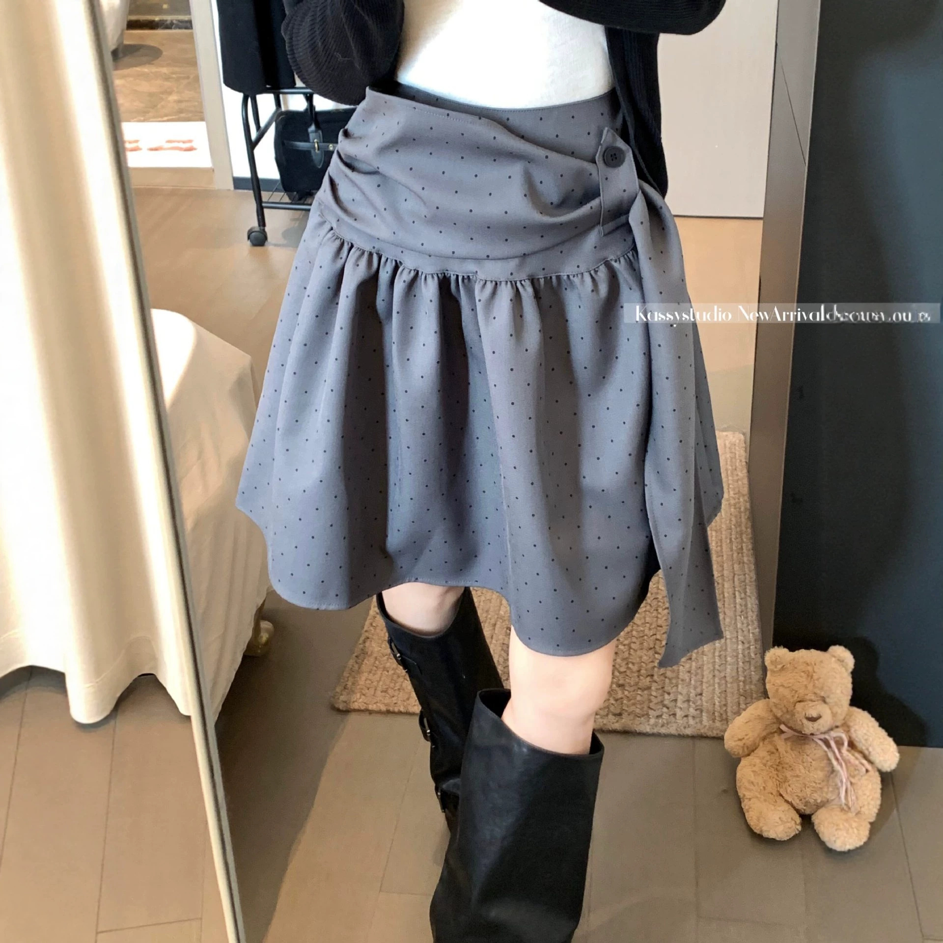 设计感别致灰色波点高腰半身裙女夏季韩系新款百搭宽松A字裙中裙