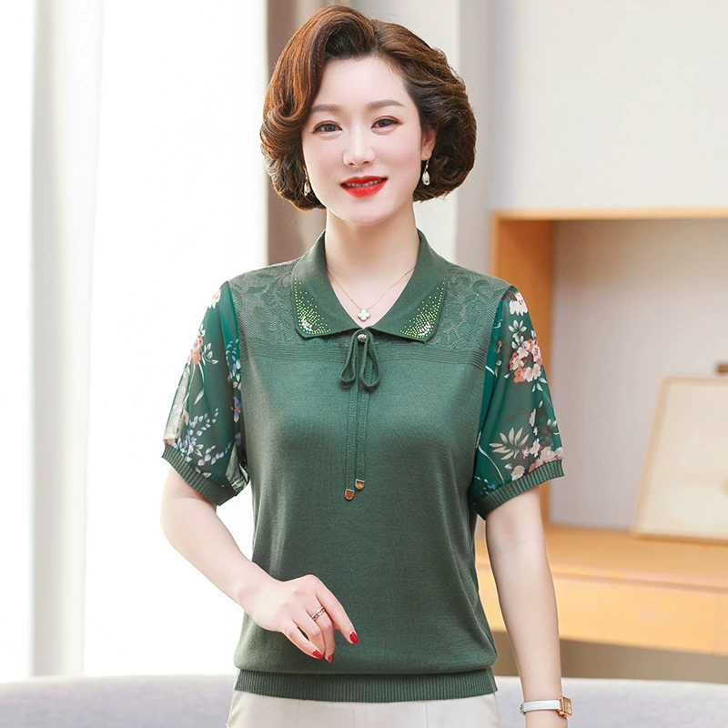 Женская футболка среднего и пожилого возраста с короткими рукавами, женская летняя рубашка свободного тонкого трикотажа мама поло с лацканным воротником