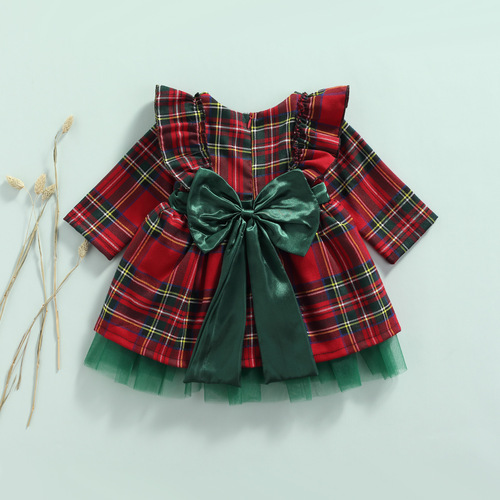 New Style Children's Clothing for Girls, Checkered Long-Sleeved Dress, Christmas Big Bowknot Netting Princess Dress 