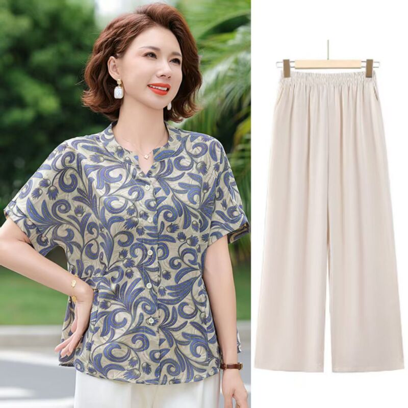 ママの夏のおしゃれトップス、中年半袖シャツ、婦人服、中高年女性の新作夏Tシャツ、洋風スーツ|undefined
