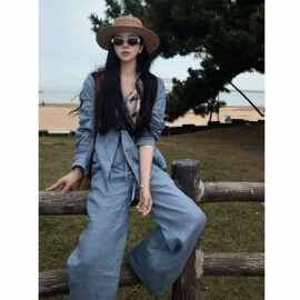 极简仿亚麻老钱风套装女2026夏季新款时髦休闲防晒衬衫阔腿裤两件