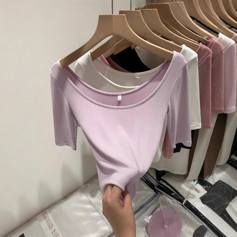 Pure Spice Girls Slim-fit Wide Collar Short-sleeve T-shirt Women's Summer New Korean Style Slim-fit Sexy Top