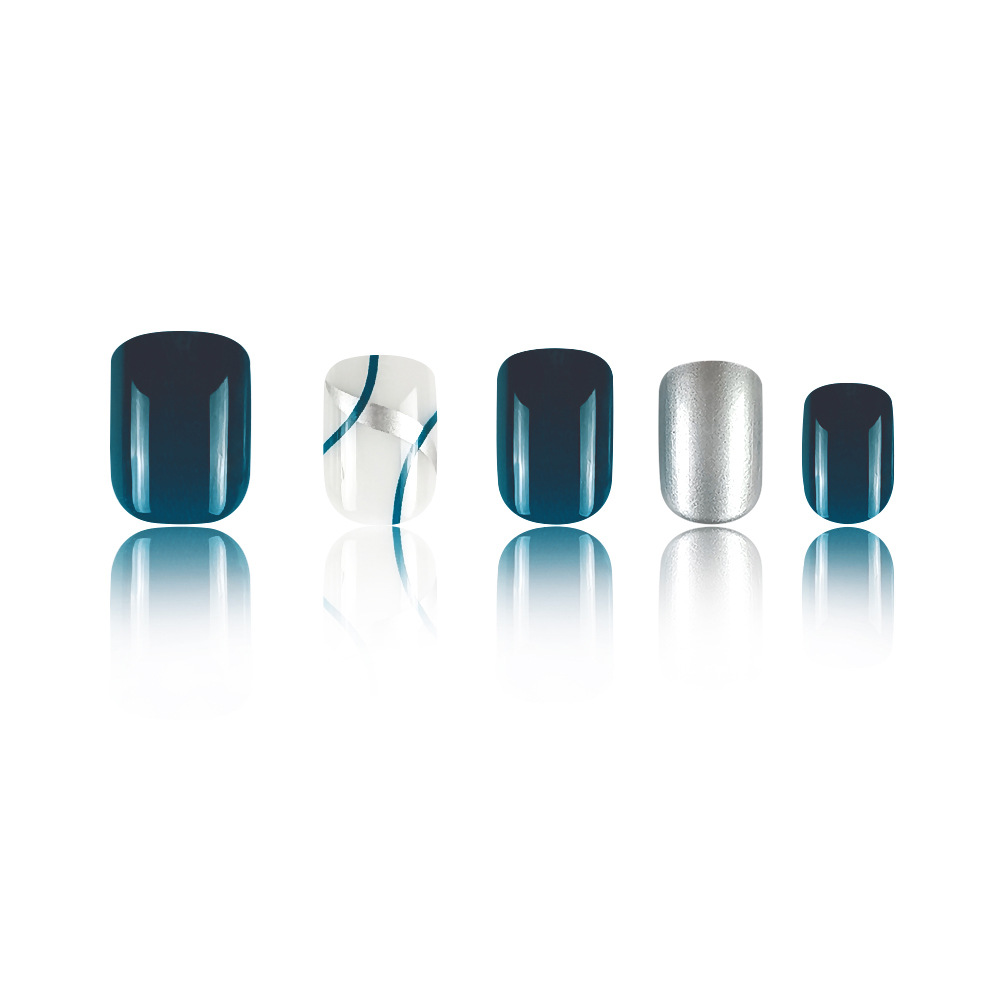 Unas de color azul oscuro plata Yun, uñas cortas cuadradas, estilo simple, estilo atractivo, 24 piezas de parche de uñas terminado. image 6