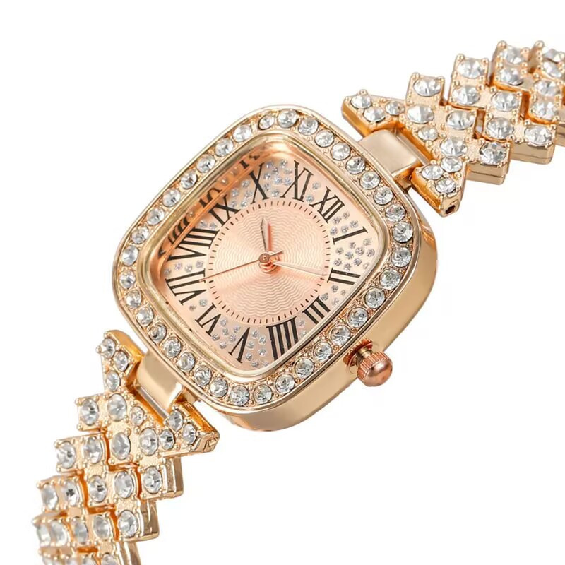 2024 koreansk version af moderigtigt stålbånd med indlagt dameur, vanddiamant romersk mønster kvartsarmbånd_voghion.com