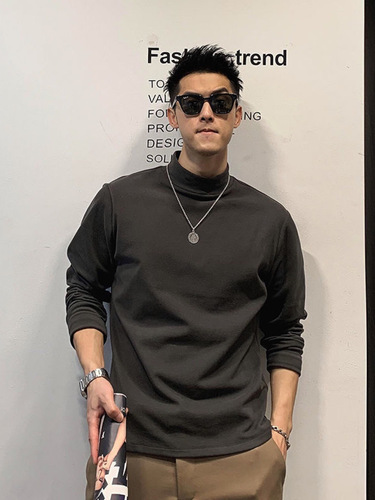 Men's Semi-High Collar Crewneck Base Layer Top, New Autumn/Winter Model for Middle-Aged and Youth, Plus Size Double-Faced Fleece Warm Knit T-Shirt