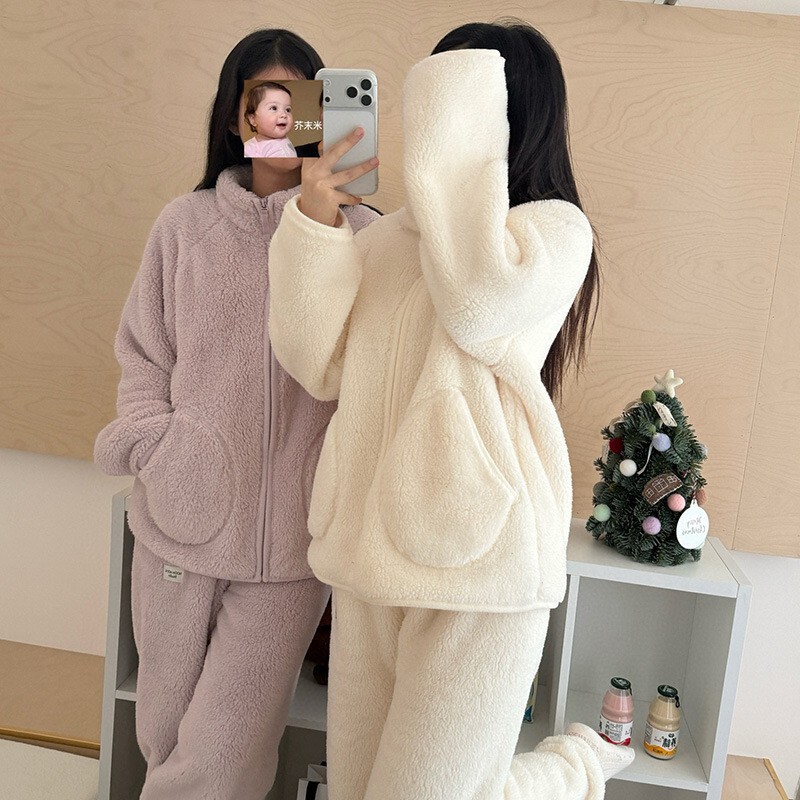 Z44 Teddy Warm Fleece Pajama Set for Women, Winter Outerwear, Plush Home Wear, Thickened Cloud Fleece
