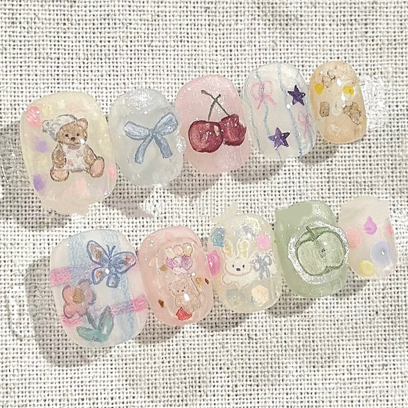 Ins Windy Spring Japanese and Korean Style Girl's Heart Cute Wear Armor Short Clear Spring Children's Nail Art Patch Bear