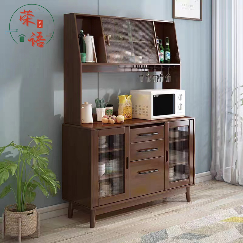 Solid Wood Kitchen Sideboard Storage Cabinet Log Style Living Room Cabinet Wine Cabinet with Drawer Tea Cabinet Glass Door Cupboard