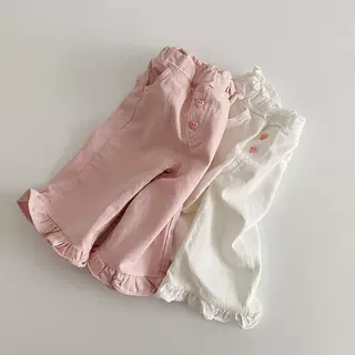 女童百搭裤子新款春装女宝宝复古木耳边休闲花边阔腿裤中小童潮裤